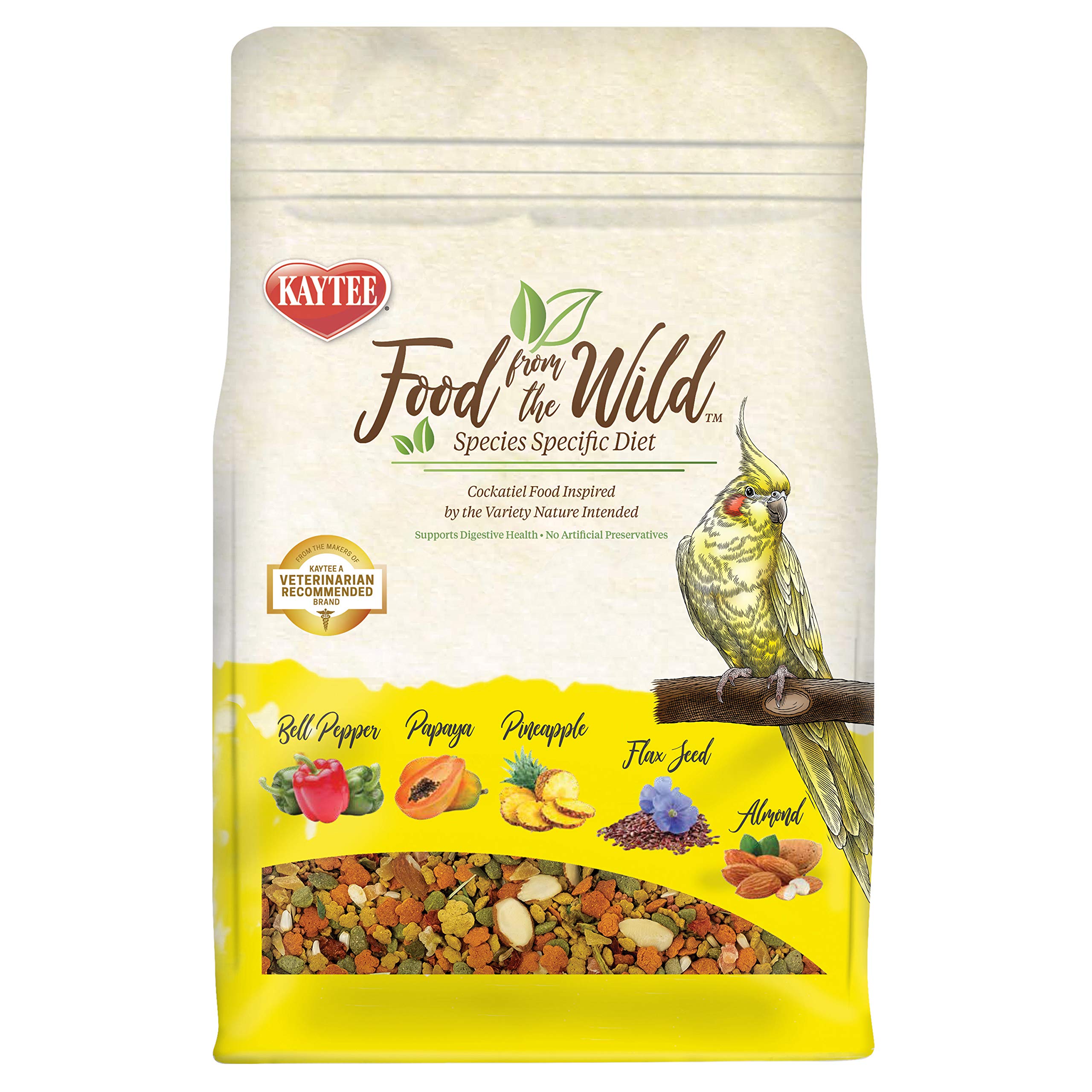 Kaytee Food From the Wild cockatiel bag shows premium foraging mix to engage instincts.