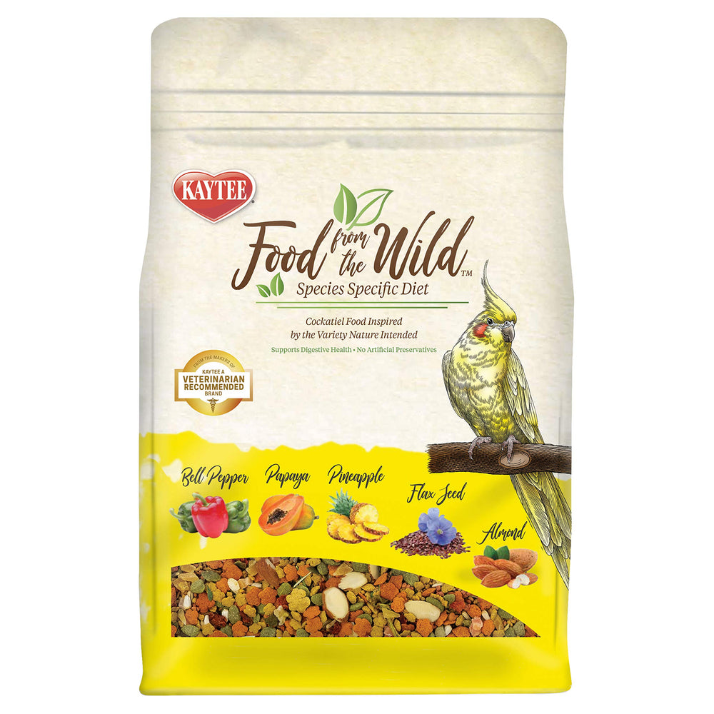 Kaytee Food From the Wild cockatiel bag shows premium foraging mix to engage instincts.