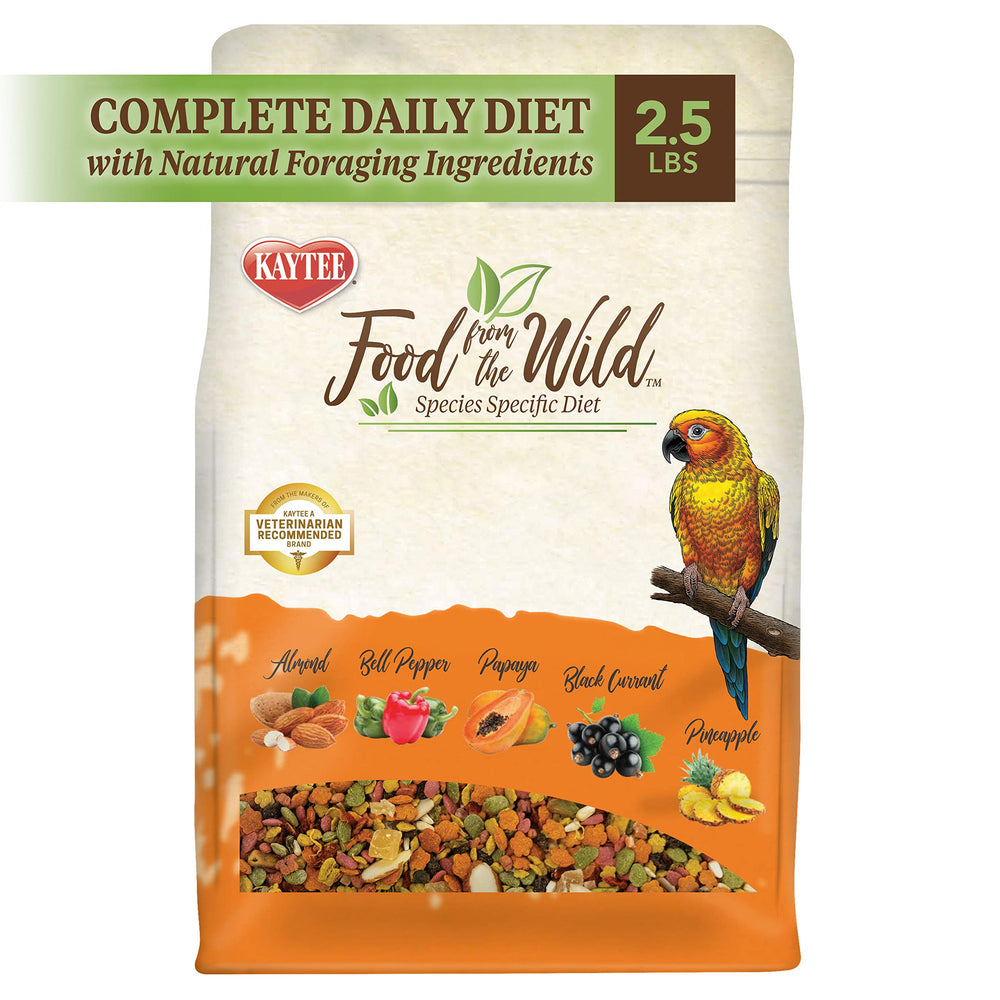 Kaytee Food From the Wild Conure bell peppers entice colorful crunch for brain-friendly activity.