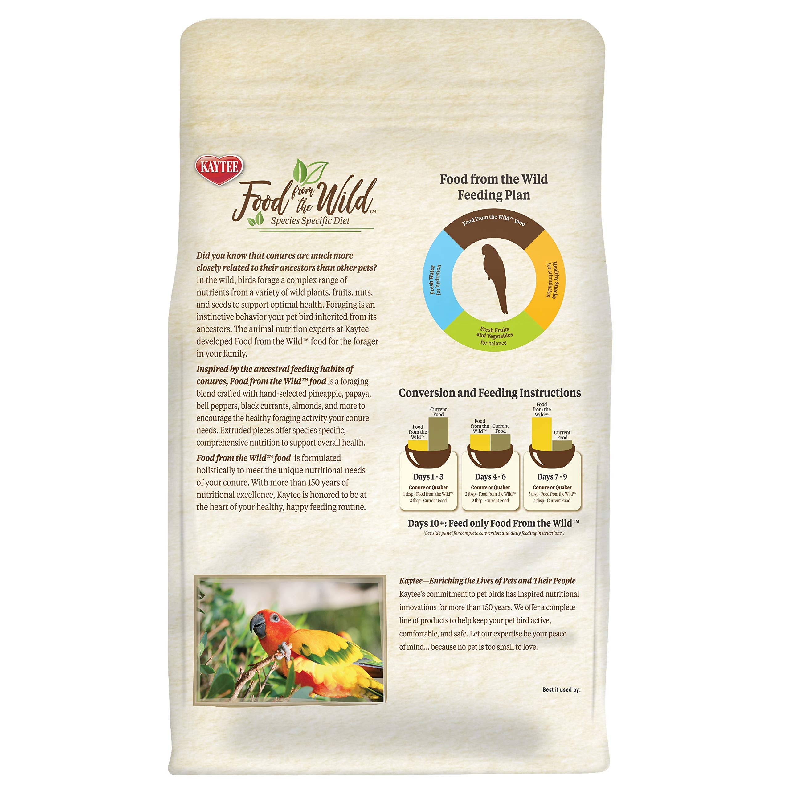 Kaytee Food From the Wild Conure omega-3s support brain and heart health through a balanced diet.