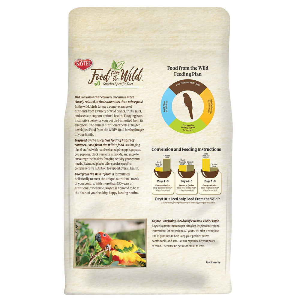 Kaytee Food From the Wild Conure omega-3s support brain and heart health through a balanced diet.