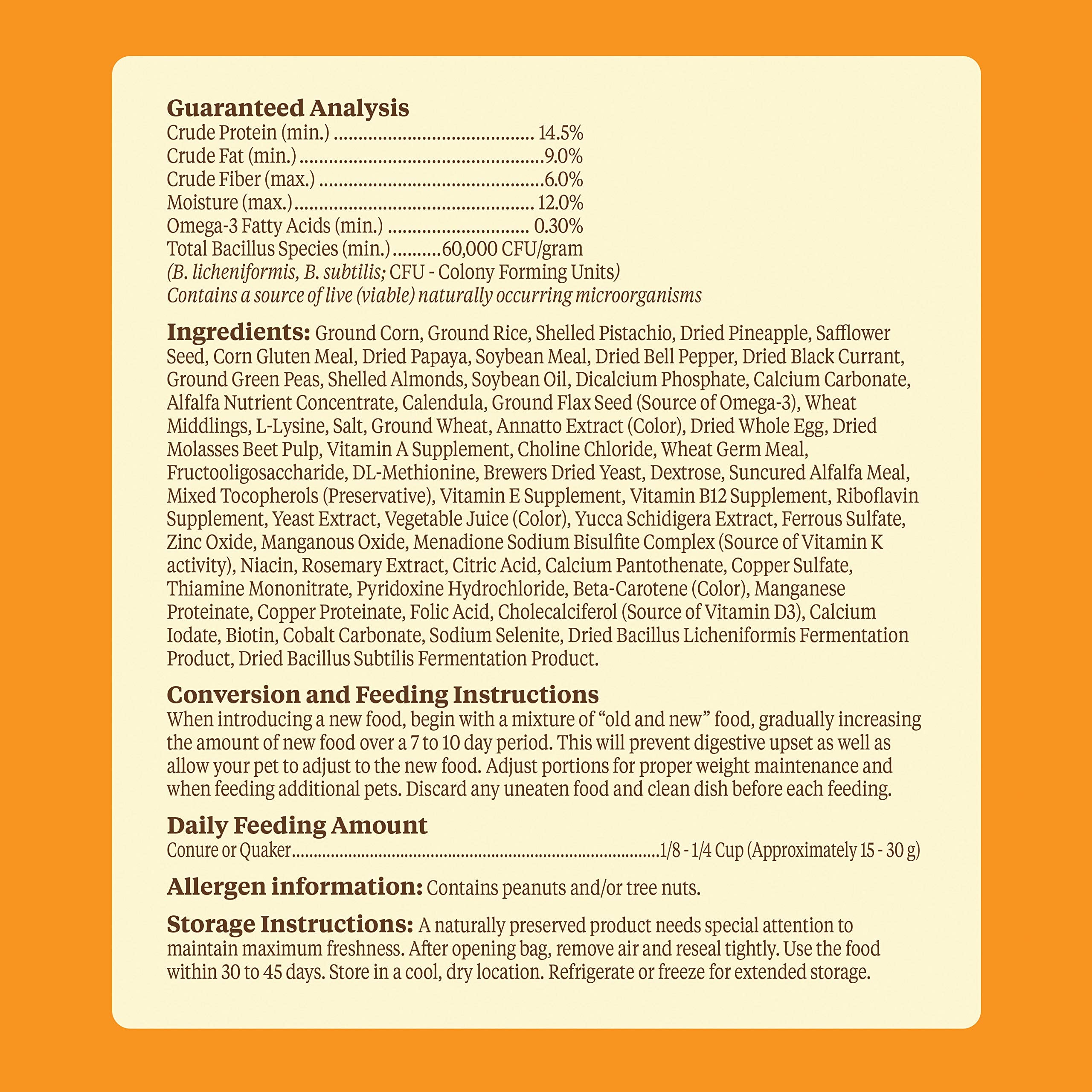Kaytee Food From the Wild Conure prebiotic probiotic blend aids digestive health and gut comfort.