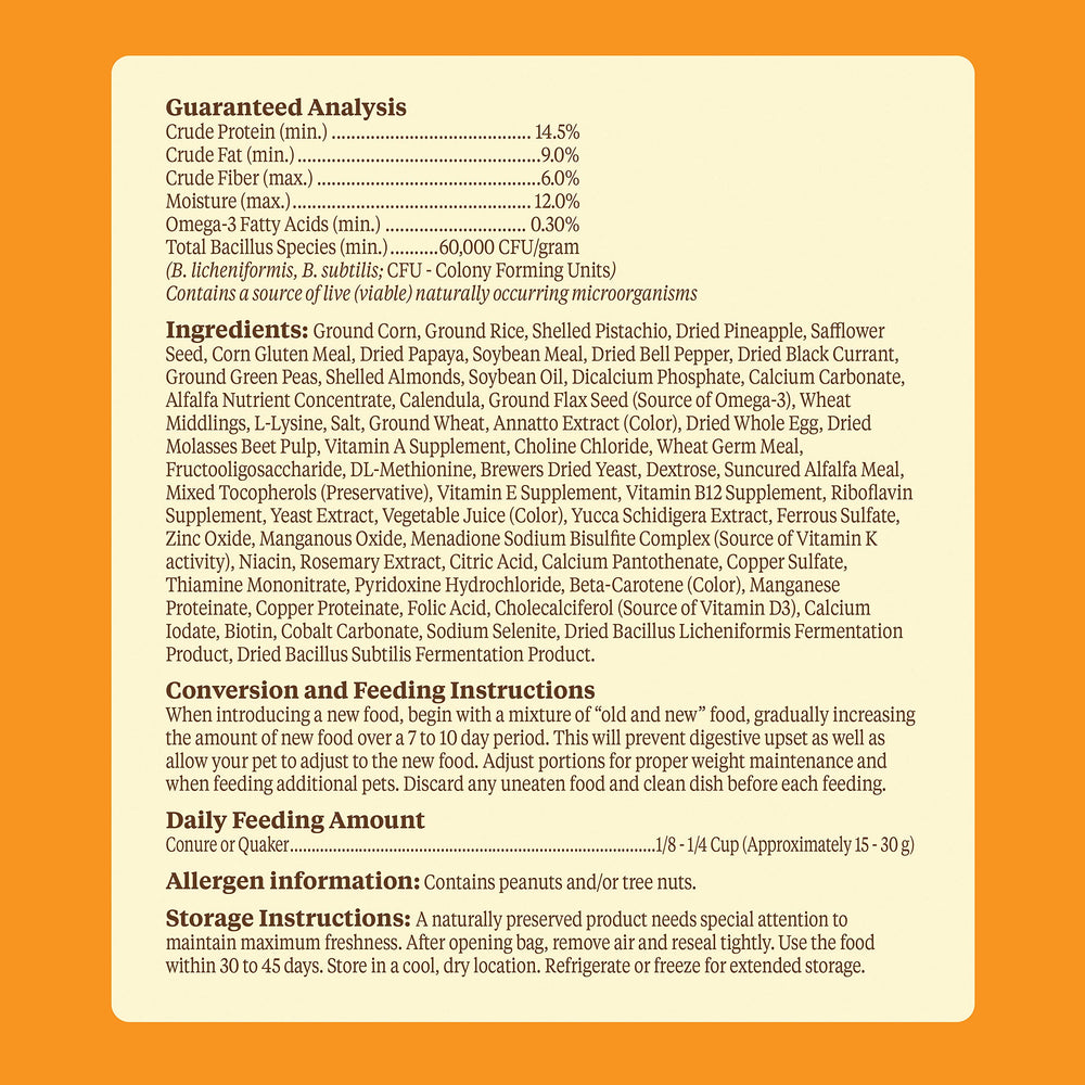 Kaytee Food From the Wild Conure prebiotic probiotic blend aids digestive health and gut comfort.