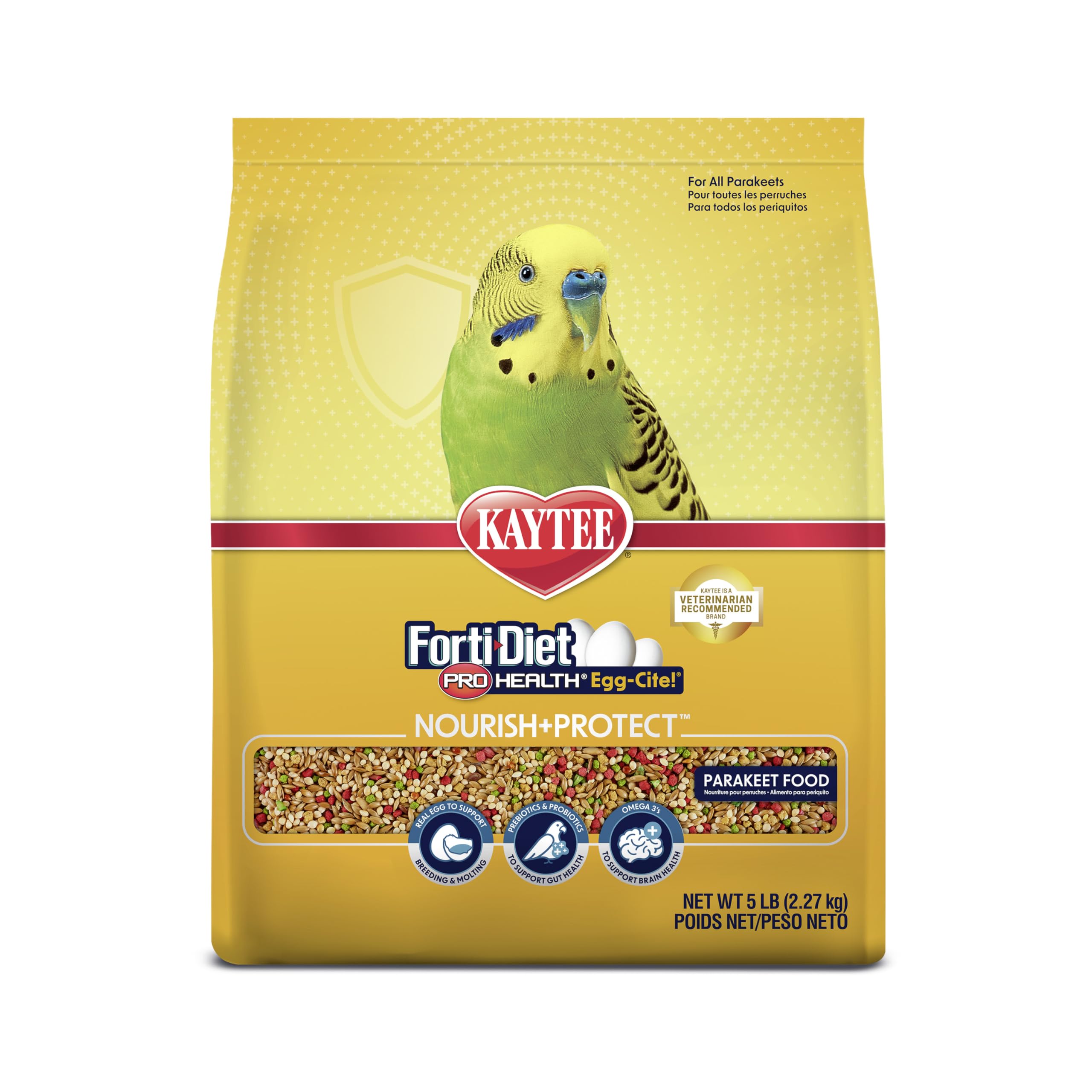 Kaytee Forti-Diet Pro Health Egg-Cite parakeet bag highlights science-backed nutrition for breeding and molting