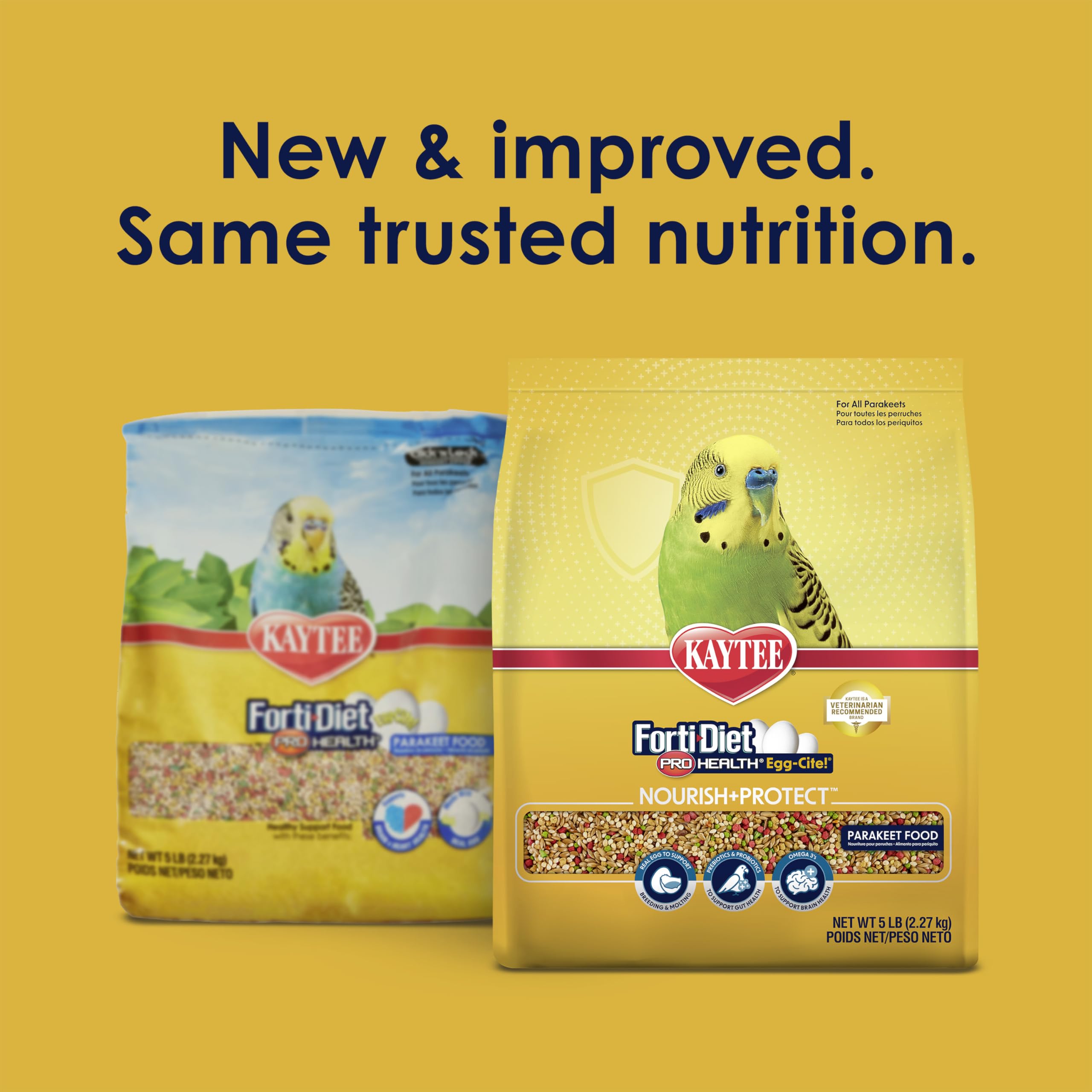 Kaytee Forti-Diet Pro Health Egg-Cite parakeet bowl shows protein-rich egg inclusion