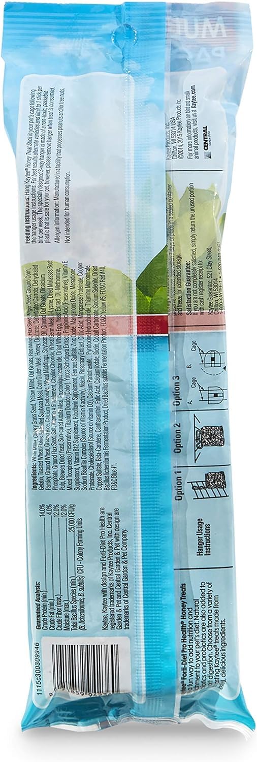 Kaytee Forti-Diet Pro Health honey treat stick parakeet close-up showing textured bars for daily feeding.