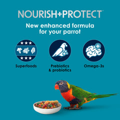 Kaytee Forti-Diet Pro Health parrot food highlights vibrant plumage and healthy feathers