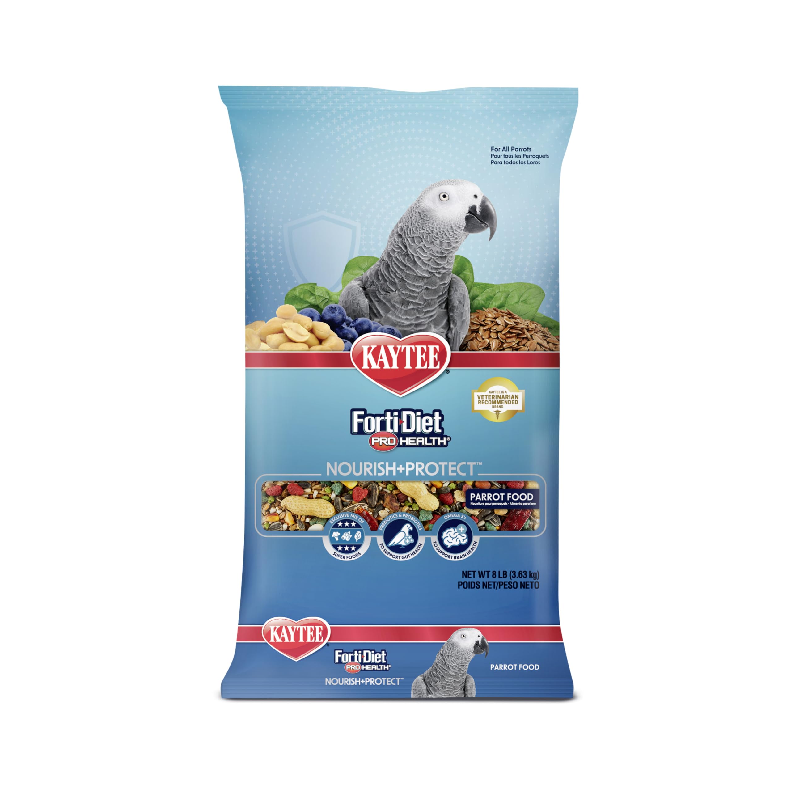Kaytee Forti-Diet Pro Health parrot food bag open showing fresh formula for balanced nutrition