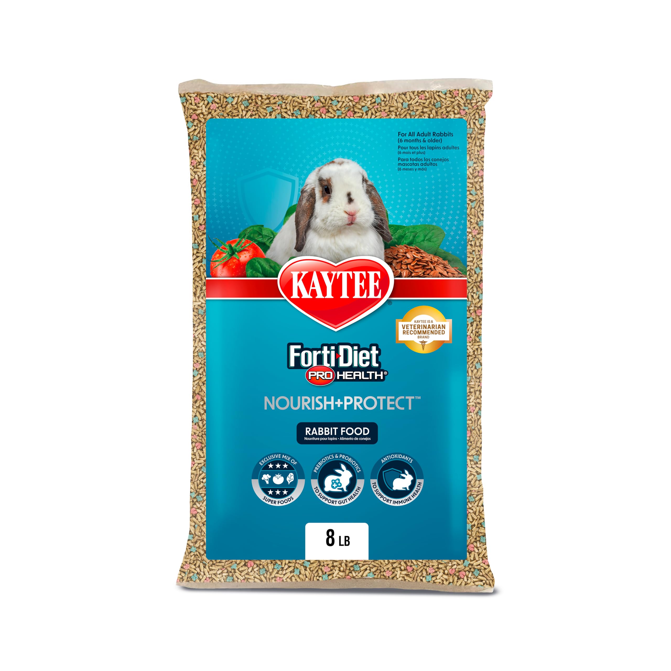Kaytee Forti-Diet Pro Health rabbit food bag promoting a balanced daily diet.