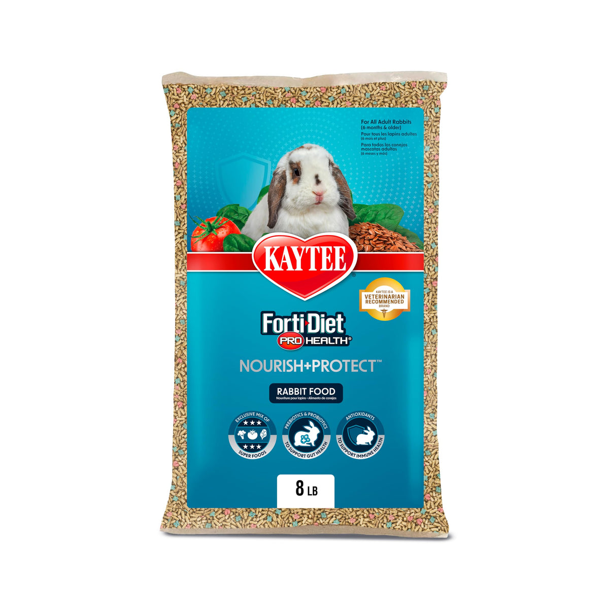 Kaytee Forti-Diet Pro Health rabbit food bag promoting a balanced daily diet.