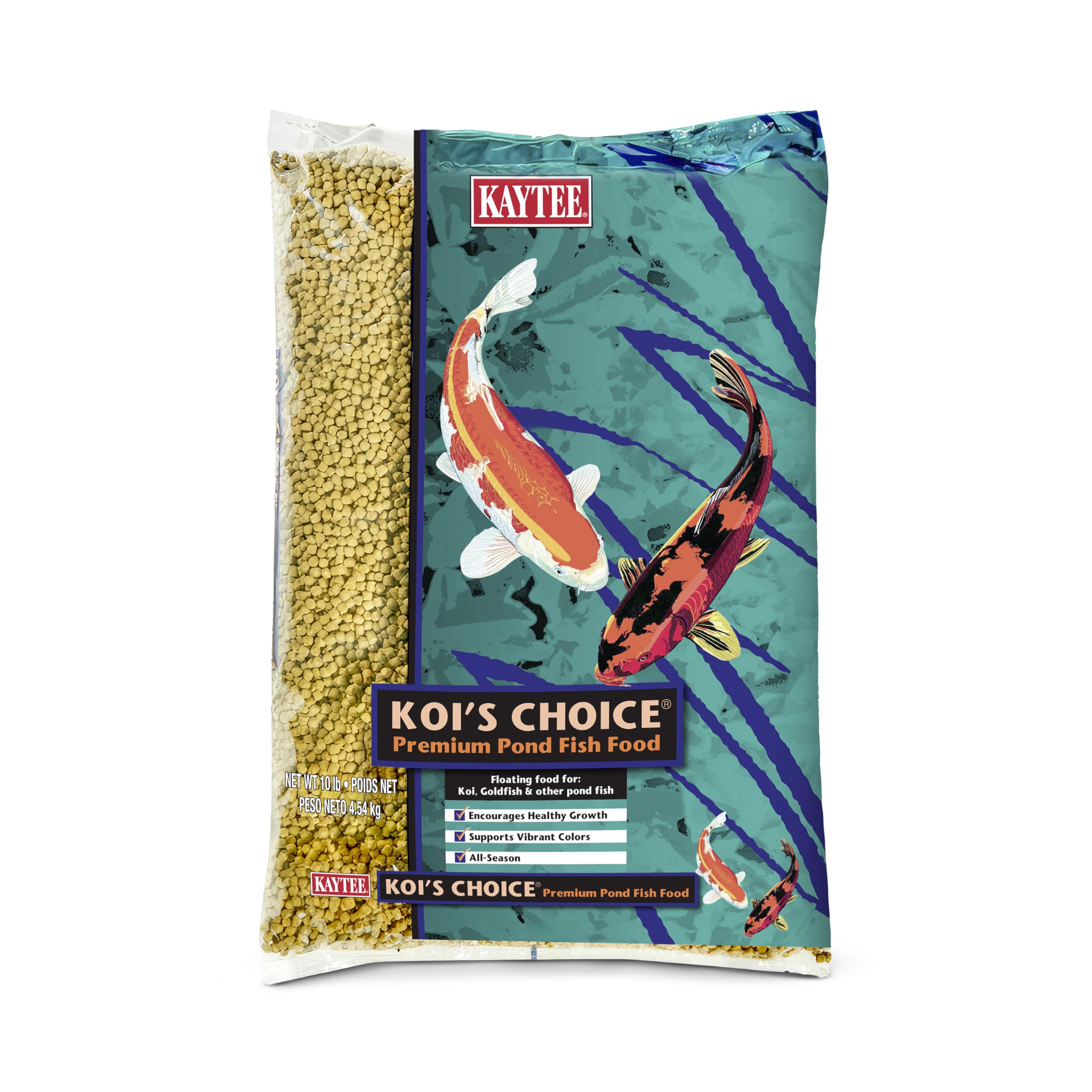 Kaytee Koi's Choice floating pellets in bag close-up supporting growth and color.