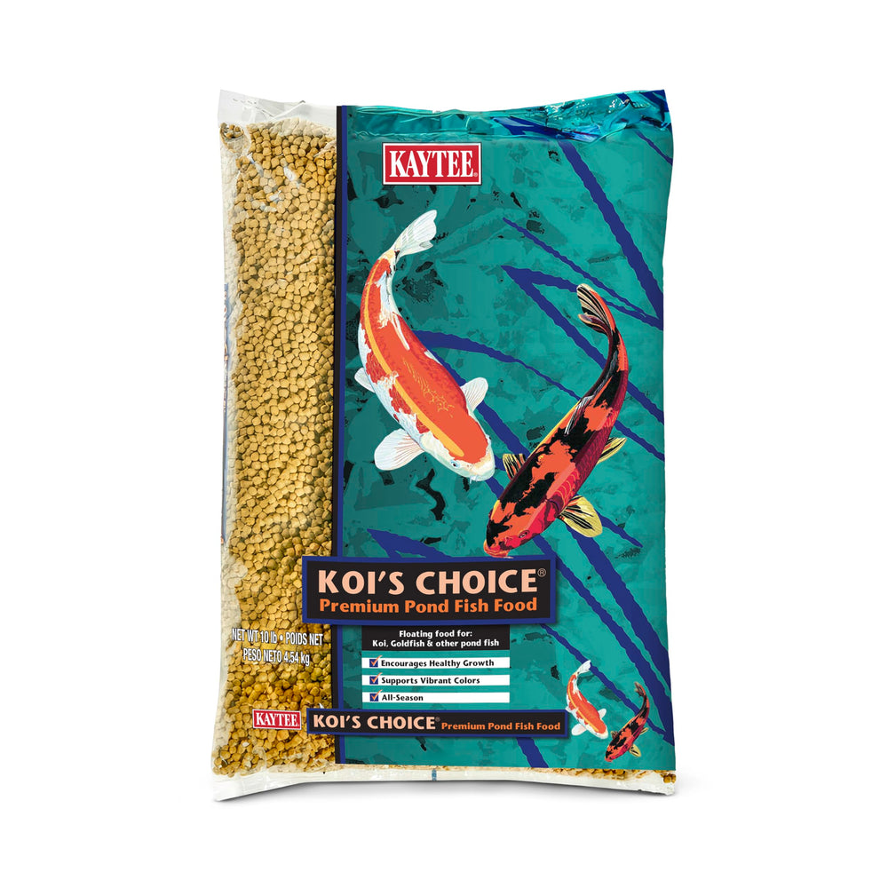 Kaytee Koi's Choice floating pellets in bag close-up supporting growth and color.