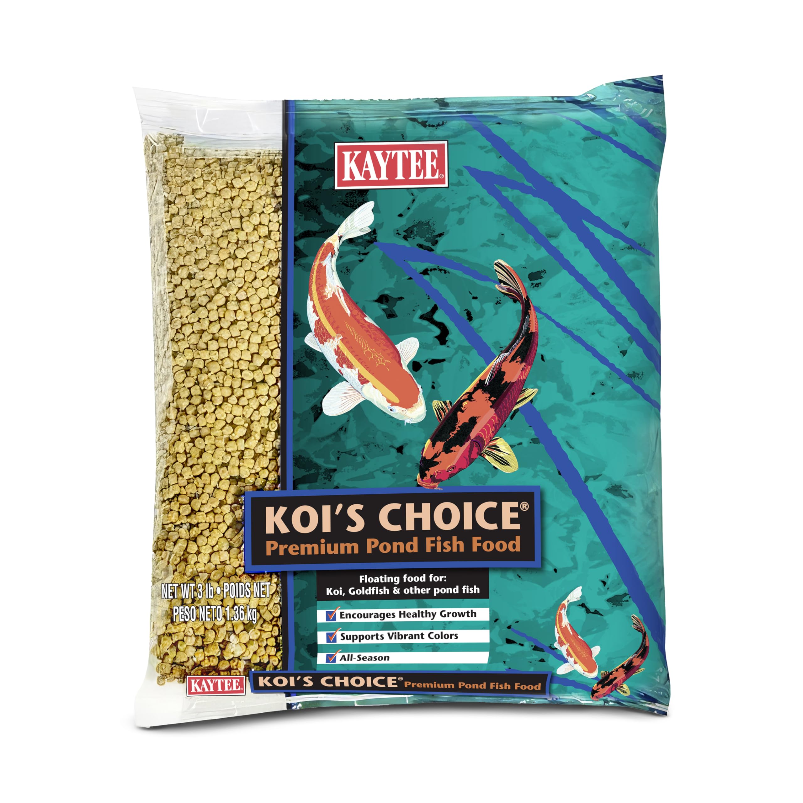 Kaytee Koi's Choice floating pellets close-up showing high protein support for growth