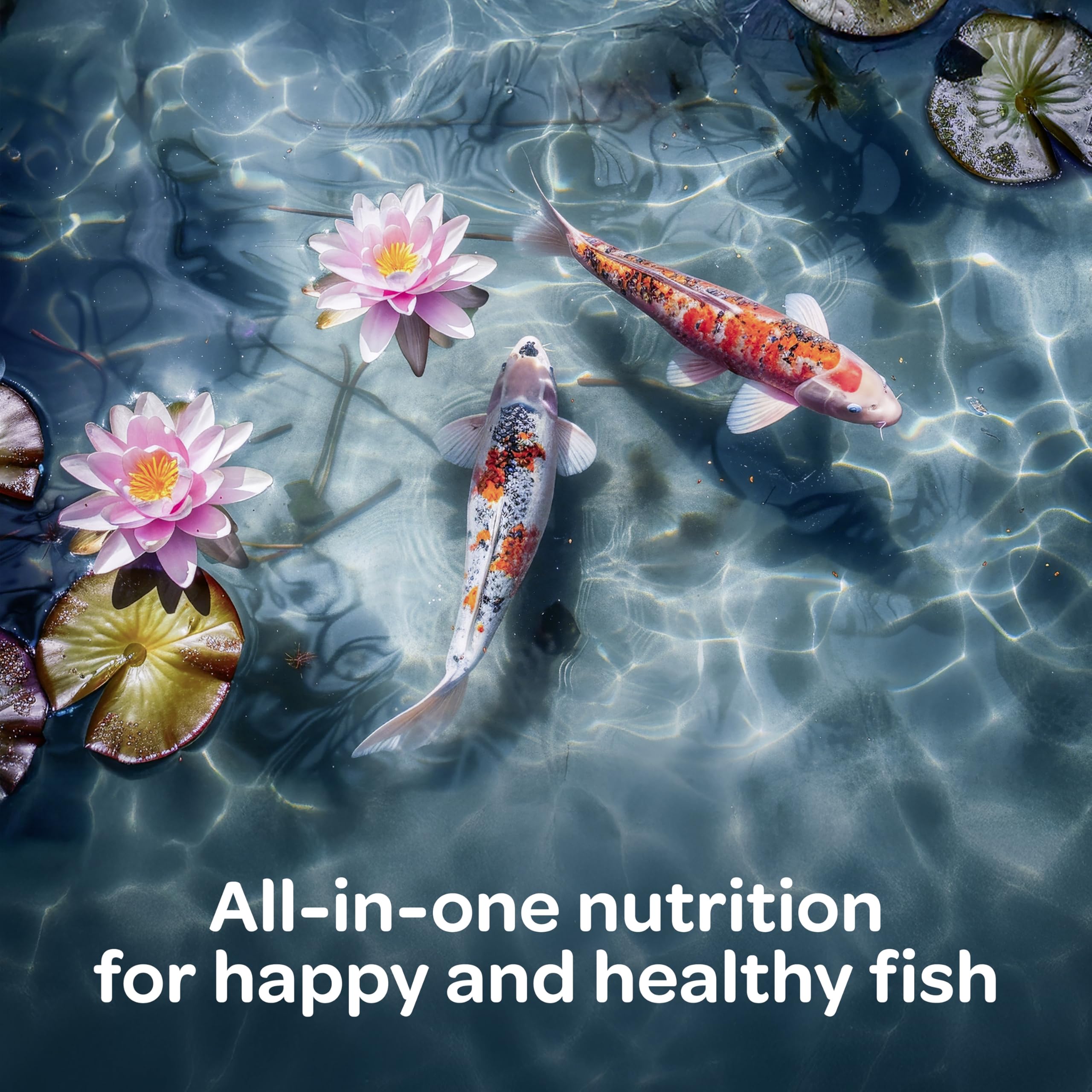 Kaytee Koi's Choice floating pellets on the water surface support easy feeding.