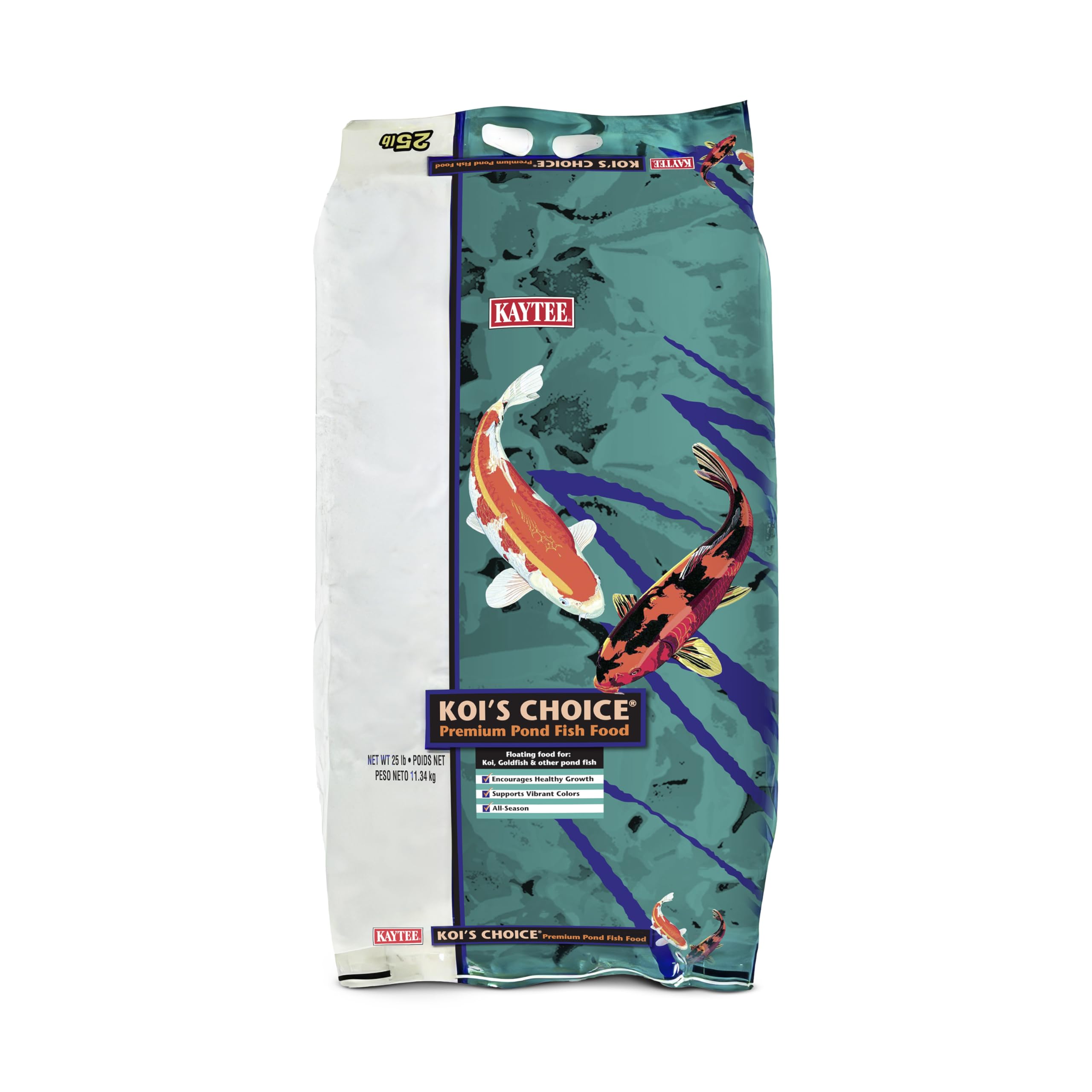 Kaytee Koi's Choice packaging shows complete pond nutrition for koi and goldfish.