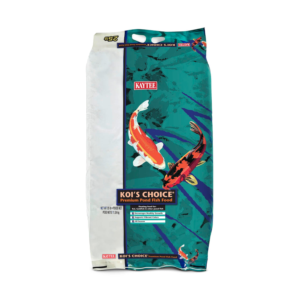 Kaytee Koi's Choice packaging shows complete pond nutrition for koi and goldfish.