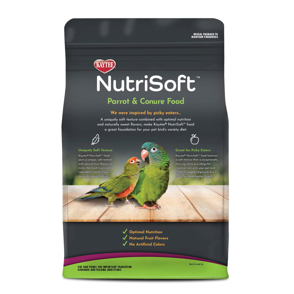 Kaytee Nutri Soft feeding scene with parrot demonstrates easy serving.