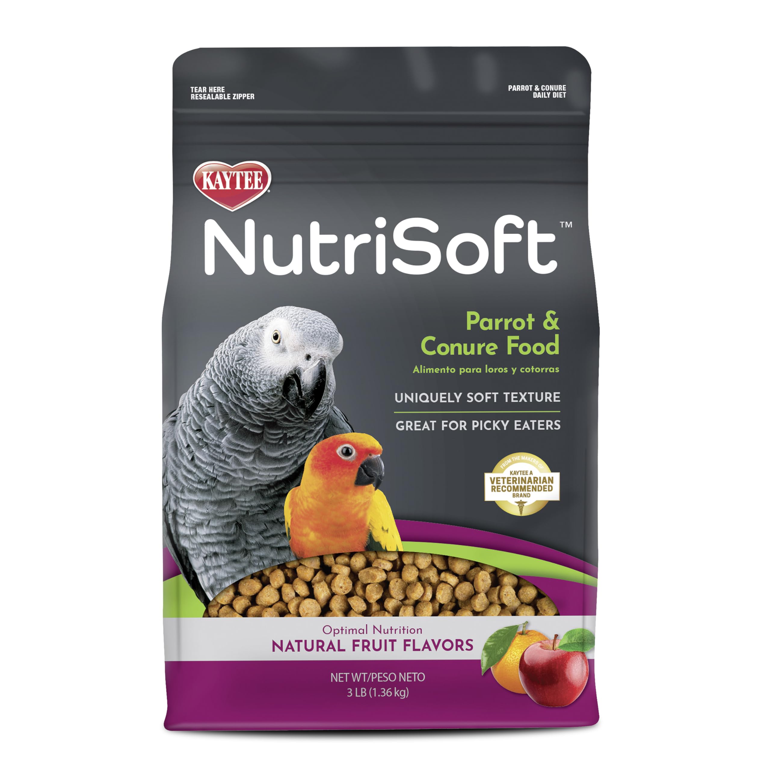 Kaytee Nutri Soft packaging shows pellets for picky parrots.