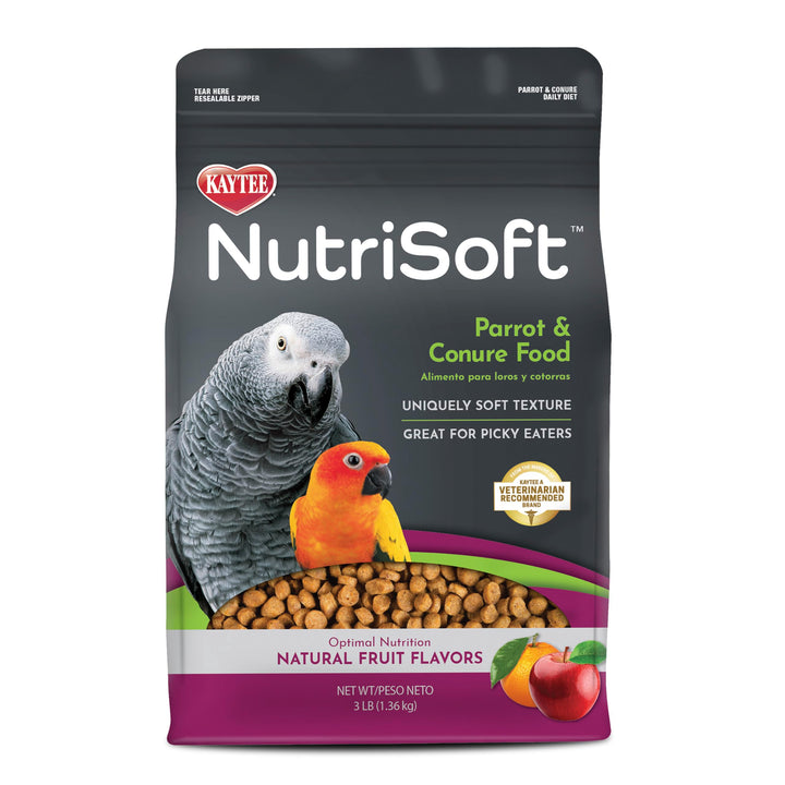 Kaytee Nutri Soft packaging shows pellets for picky parrots.