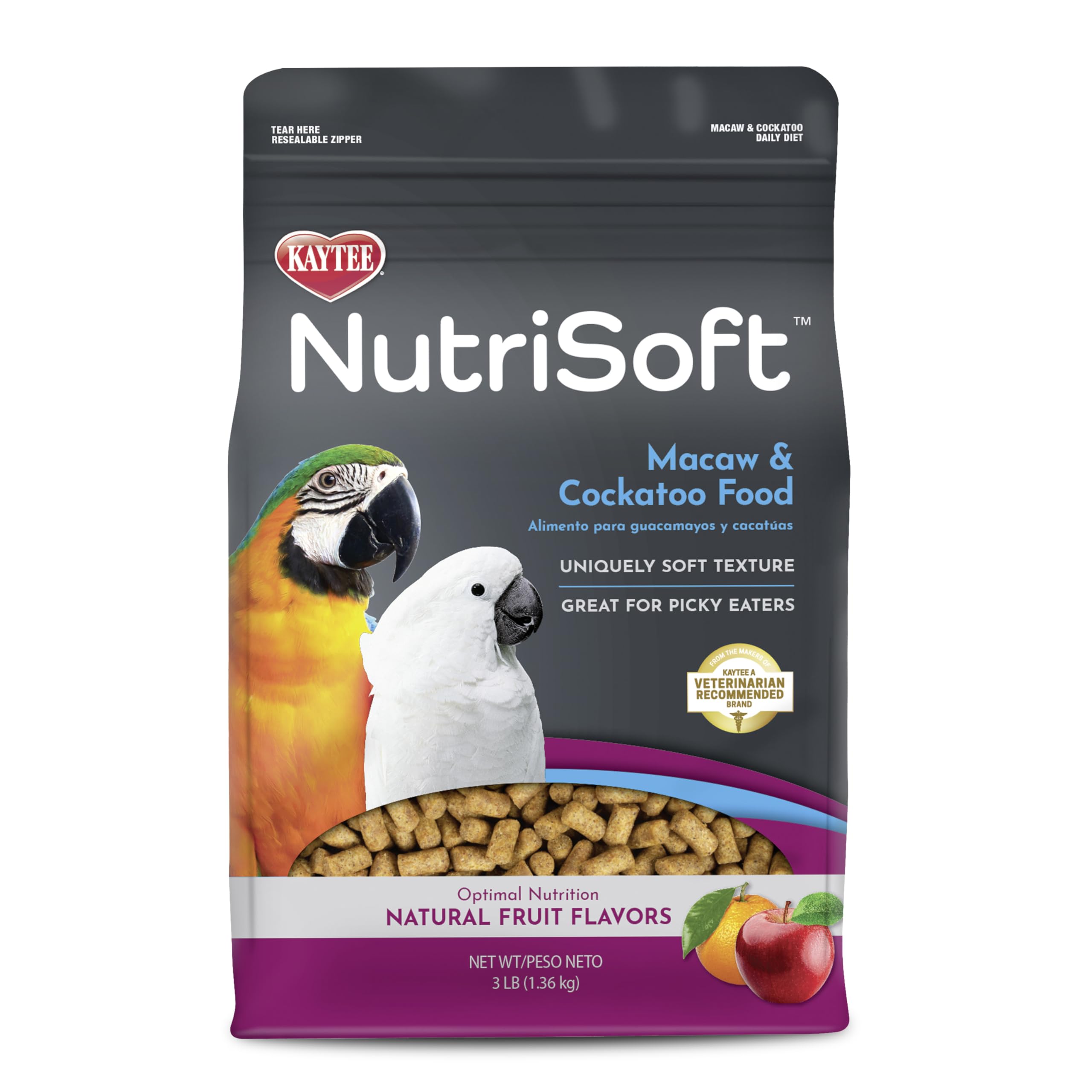 Kaytee Nutri Soft macaw pellets with soft texture inviting picky eaters to the bowl.
