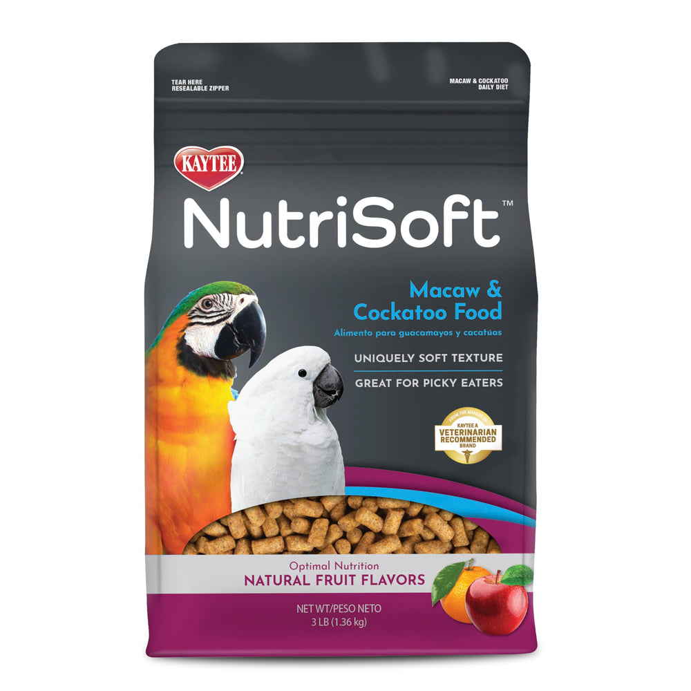 Kaytee Nutri Soft macaw pellets with soft texture inviting picky eaters to the bowl.