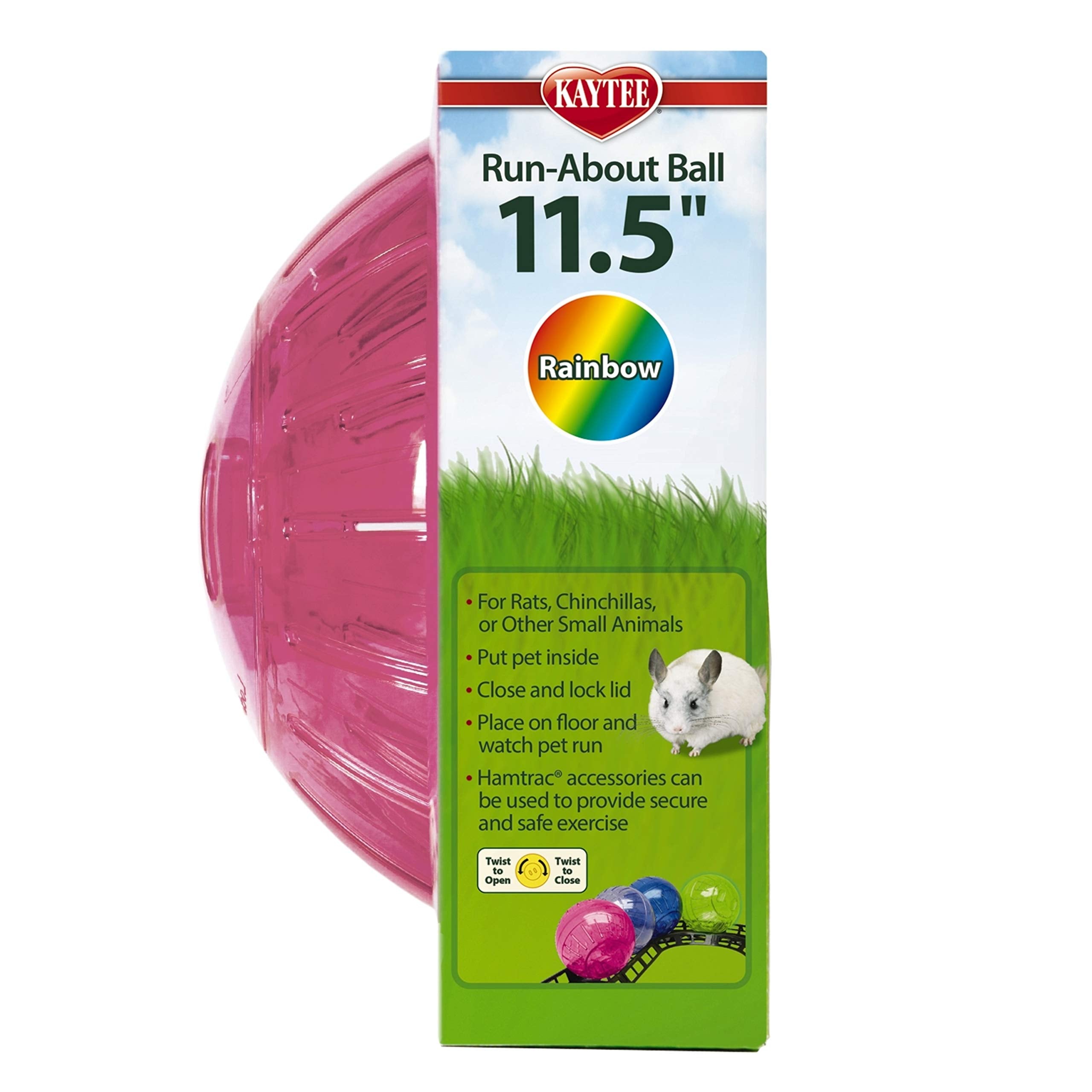 Kaytee Run-About Ball blue in use emphasizes safe spacious play area for rats.