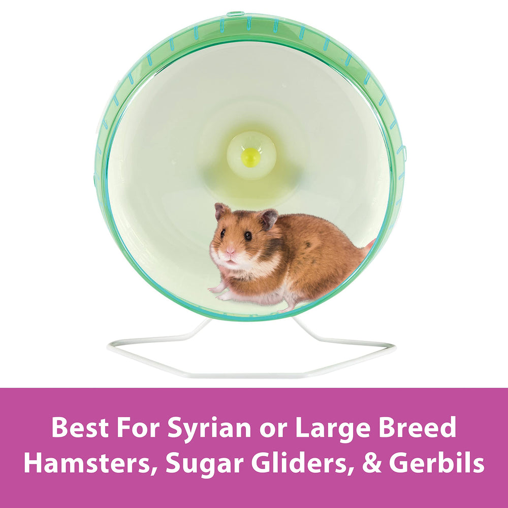 Kaytee Silent Spinner Wheel Syrian-hamster-fit supports larger hamsters' exercise needs.