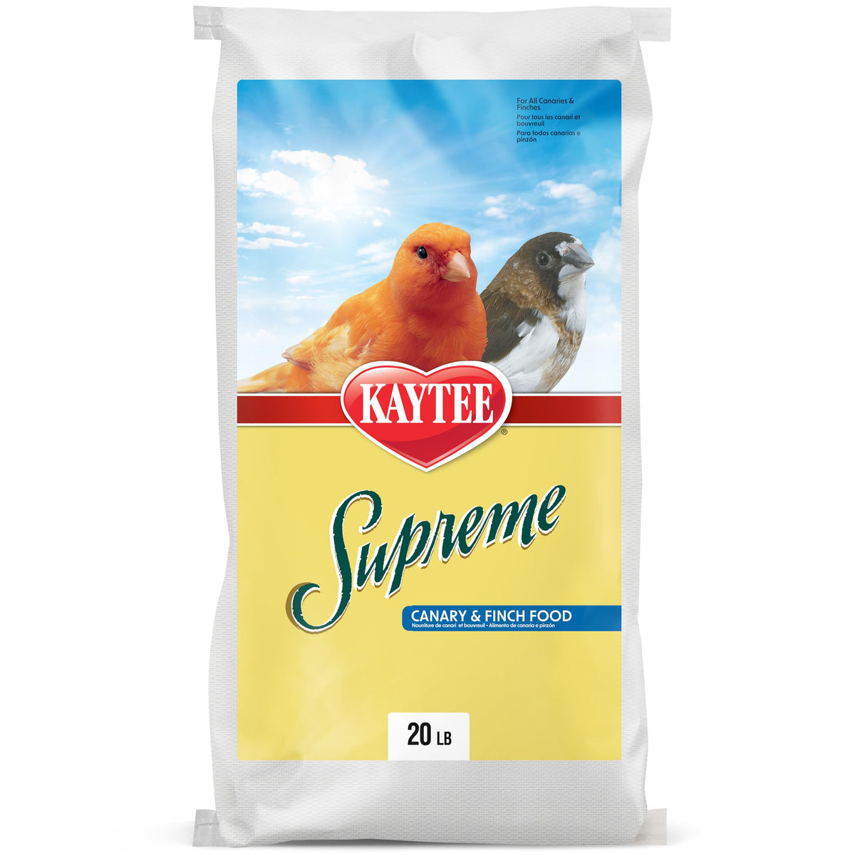 Kaytee Supreme canary and finch food in a bowl for balanced nutrition.