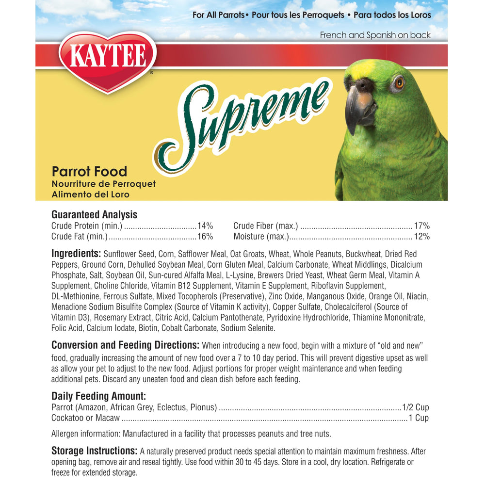 Kaytee Supreme Parrot Food package label emphasizes high-quality ingredients.