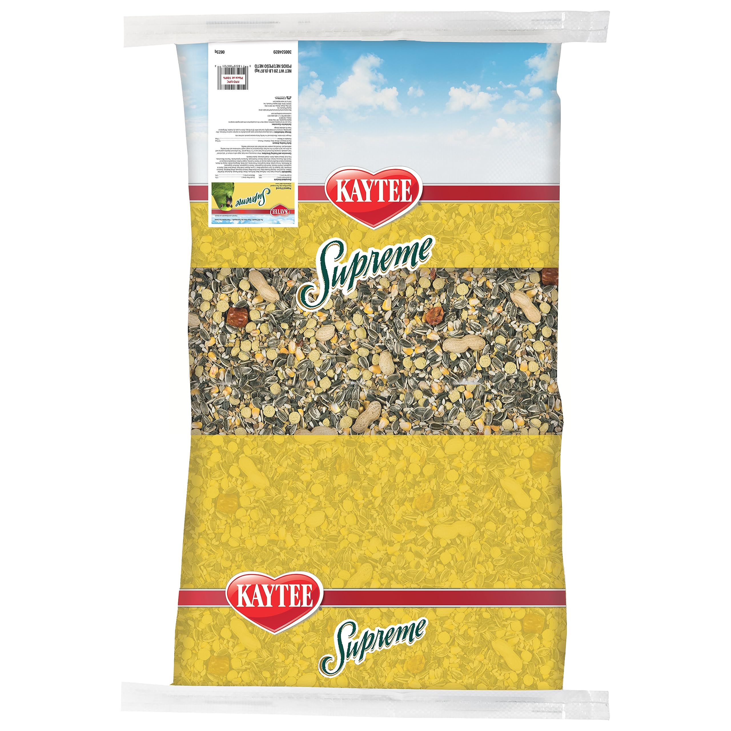 Kaytee Supreme Parrot Food bag labels Naturally preserved freshness for longevity.