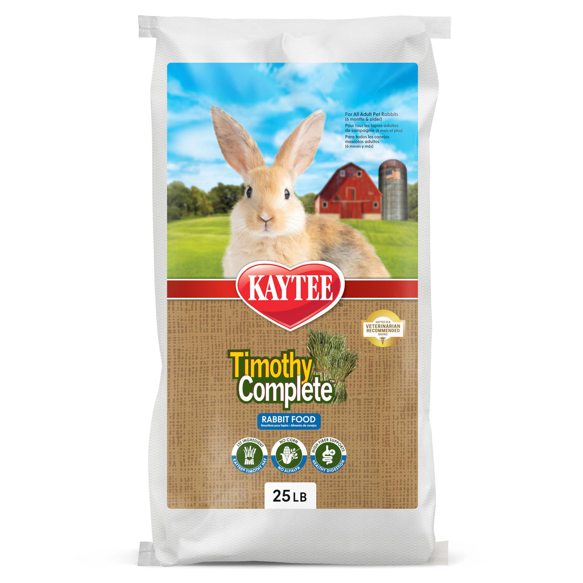 Kaytee Timothy Complete Rabbit Food bag front for easy feeding and storage