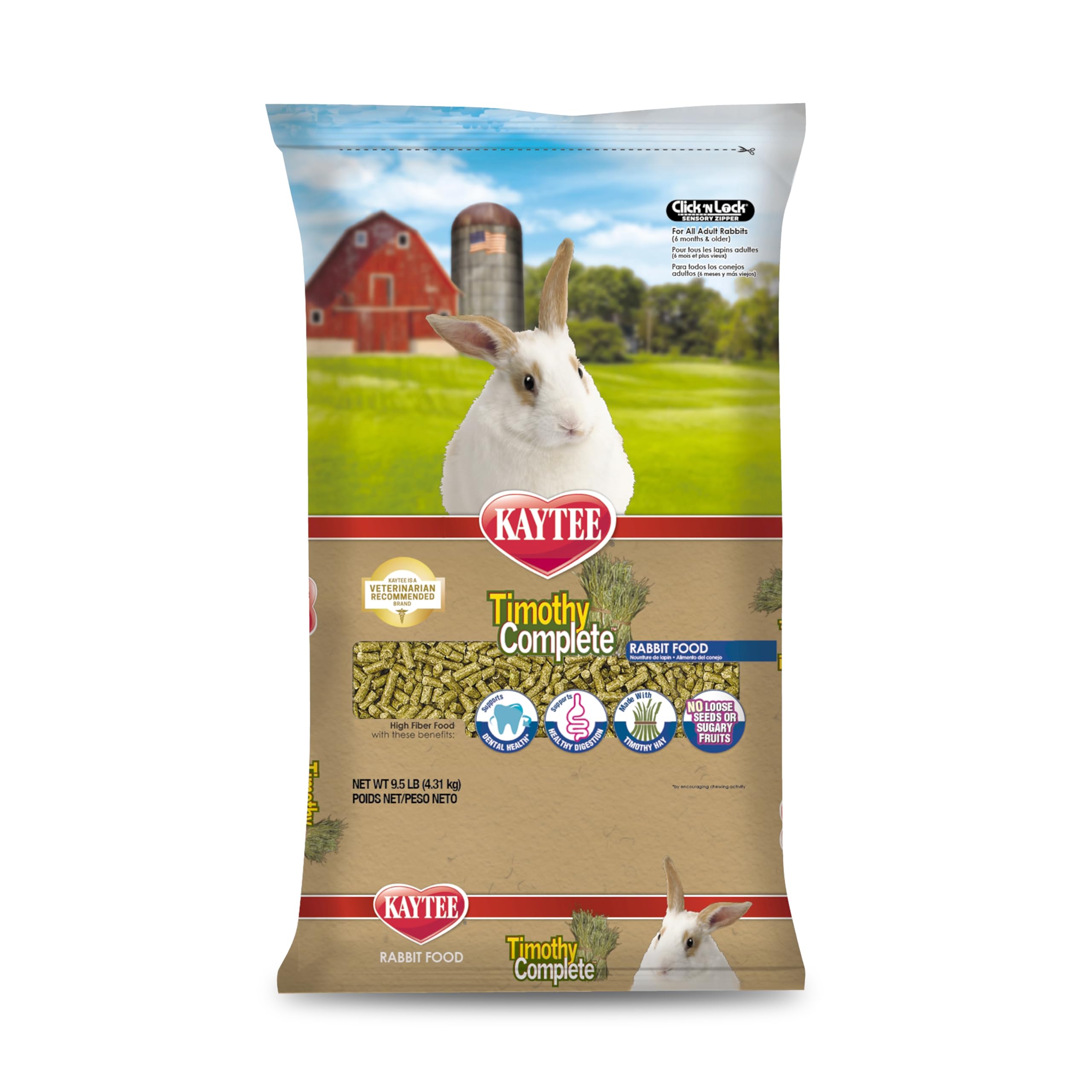 Kaytee Timothy Complete Rabbit Food bag shows hay-based nutrition for steady digestion.