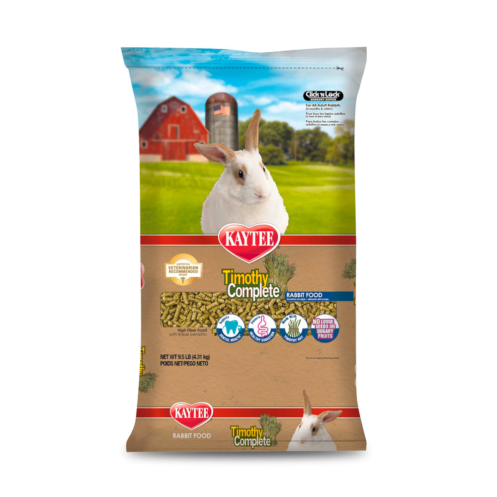Kaytee Timothy Complete Rabbit Food bag shows hay-based nutrition for steady digestion.