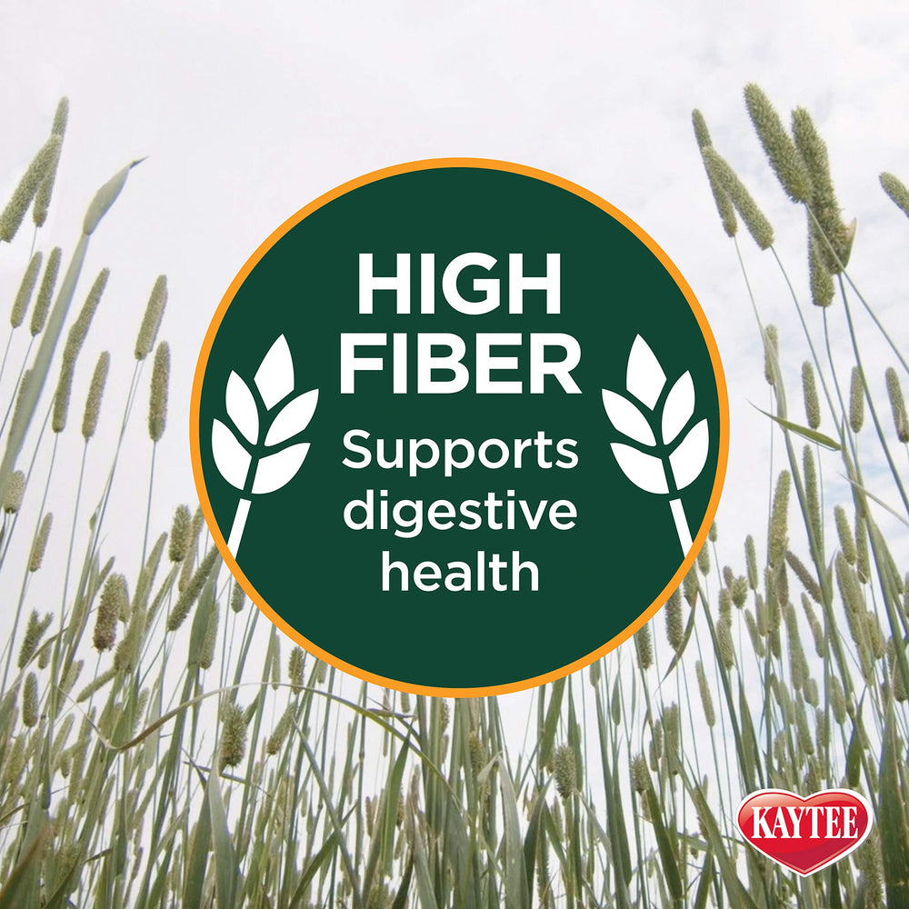 Kaytee Timothy Hay Plus all-natural ingredients label emphasizing GMO-free and natural farming.