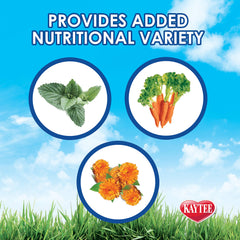 Kaytee Timothy Hay Plus carrot shreds promoting texture variety and nibble appeal.