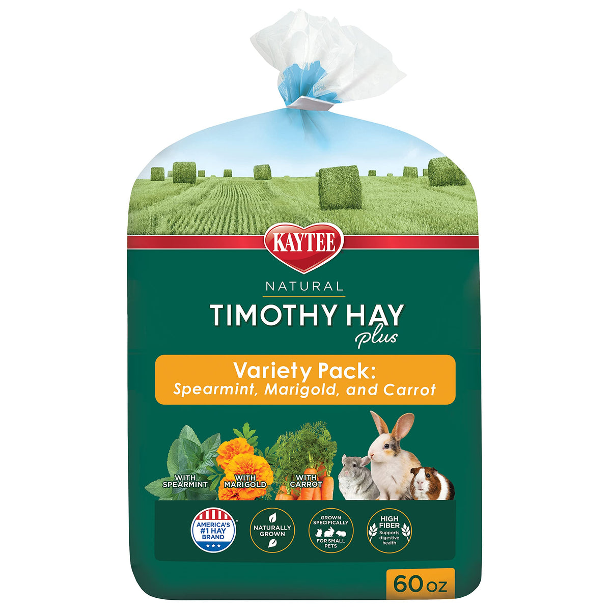 Kaytee Timothy Hay Plus spearmint pack showing high-fiber hay for digestive support.