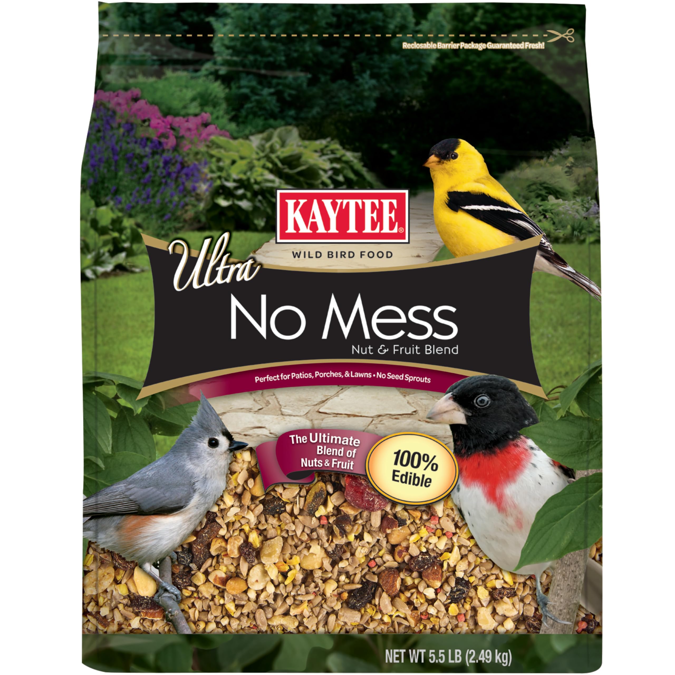 Kaytee Ultra No Mess Nut & Fruit Blend in a bowl, shell-free and easy for birds to feast.