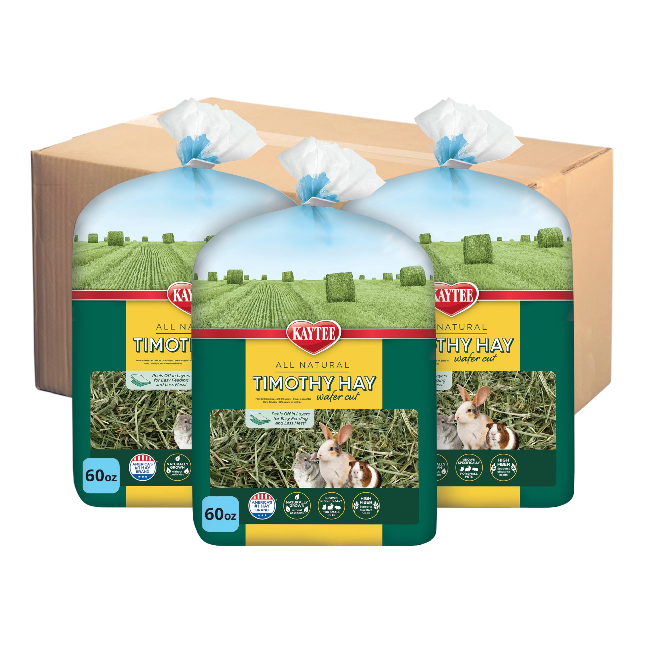 Kaytee wafer-cut Timothy hay layered bale for easy feeding and mess reduction.