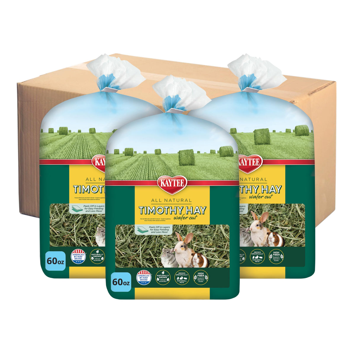Kaytee wafer-cut Timothy hay layered bale for easy feeding and mess reduction.