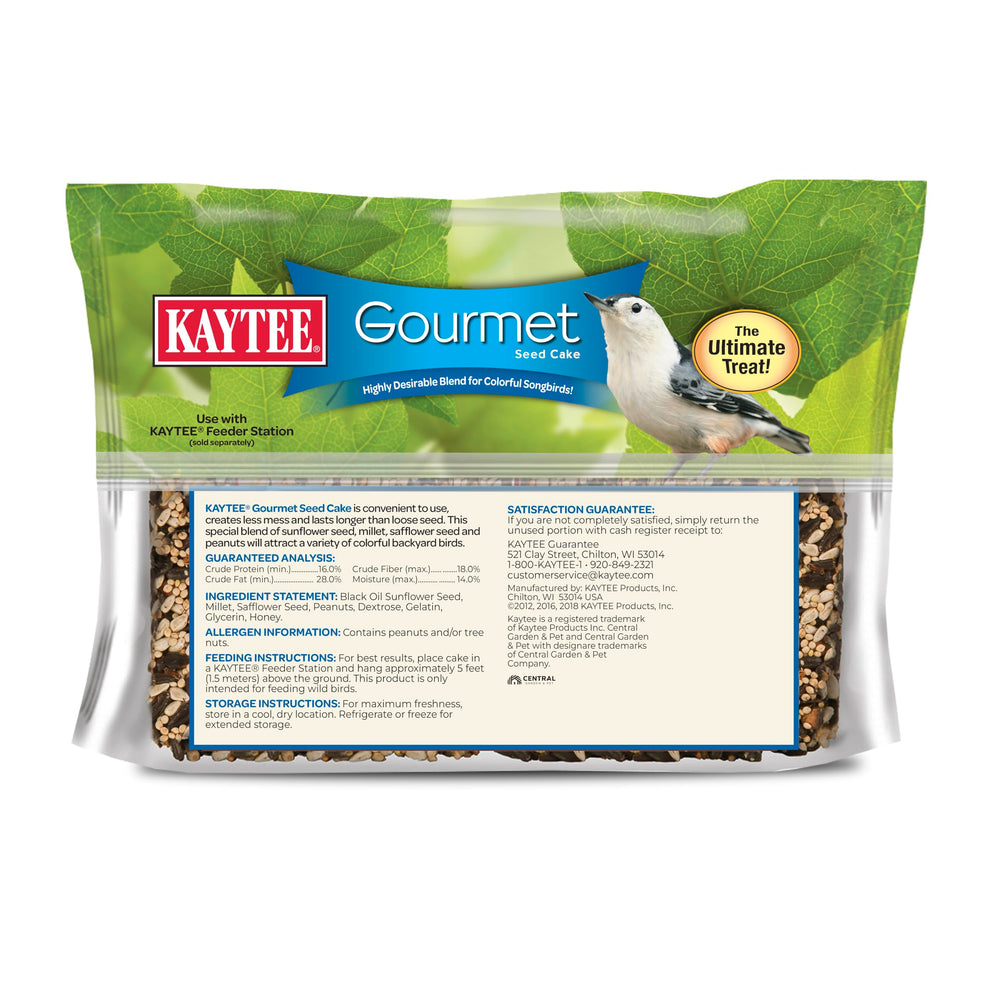 Kaytee Wild Bird Gourmet Seed Cake packaging keeps freshness for long storage.