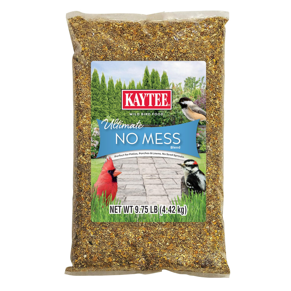 Kaytee Wild Bird Ultimate No Mess Seed Bag close-up; 100% edible mix for tidy yards.