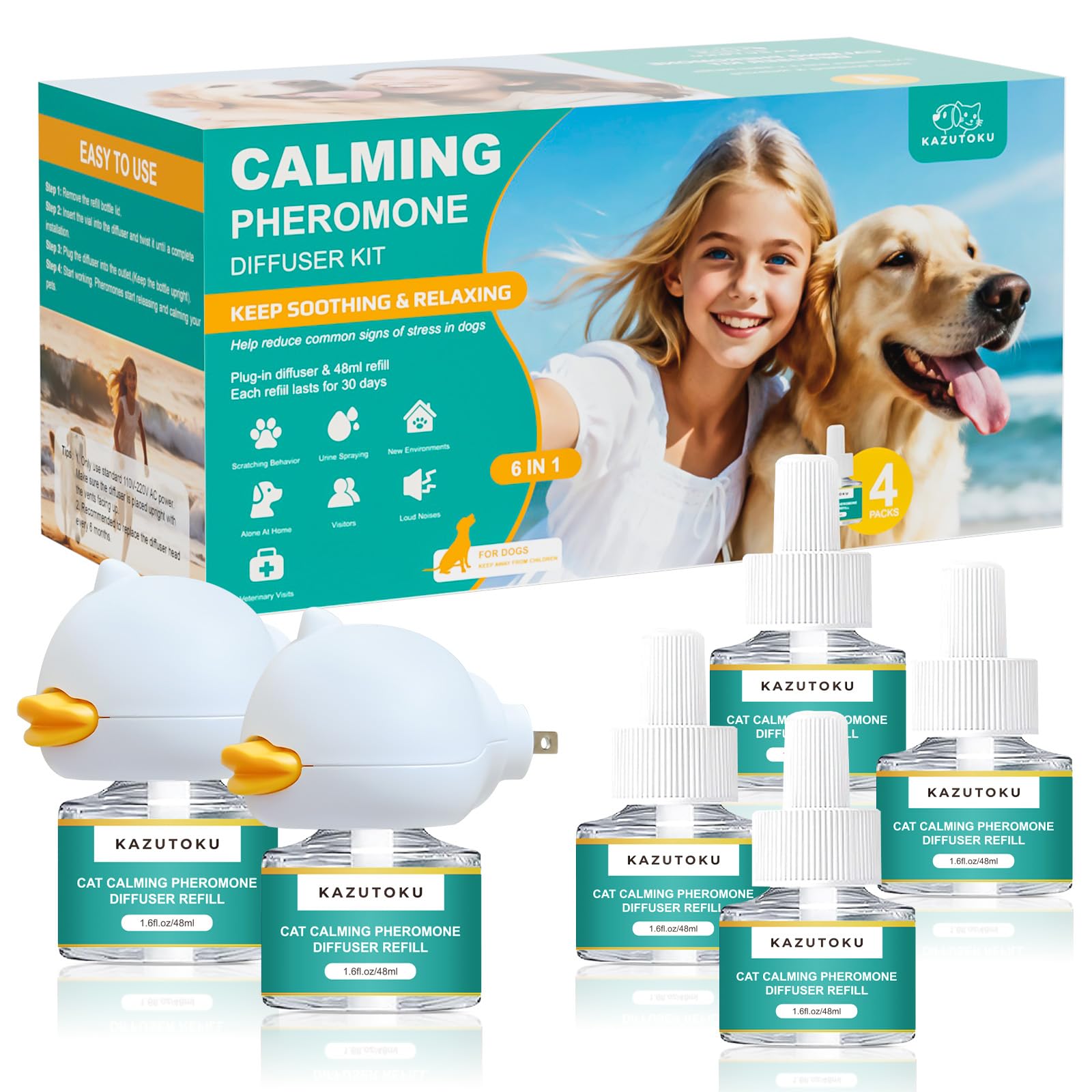 Kazutoku dog calming diffuser in front view promoting a peaceful dog