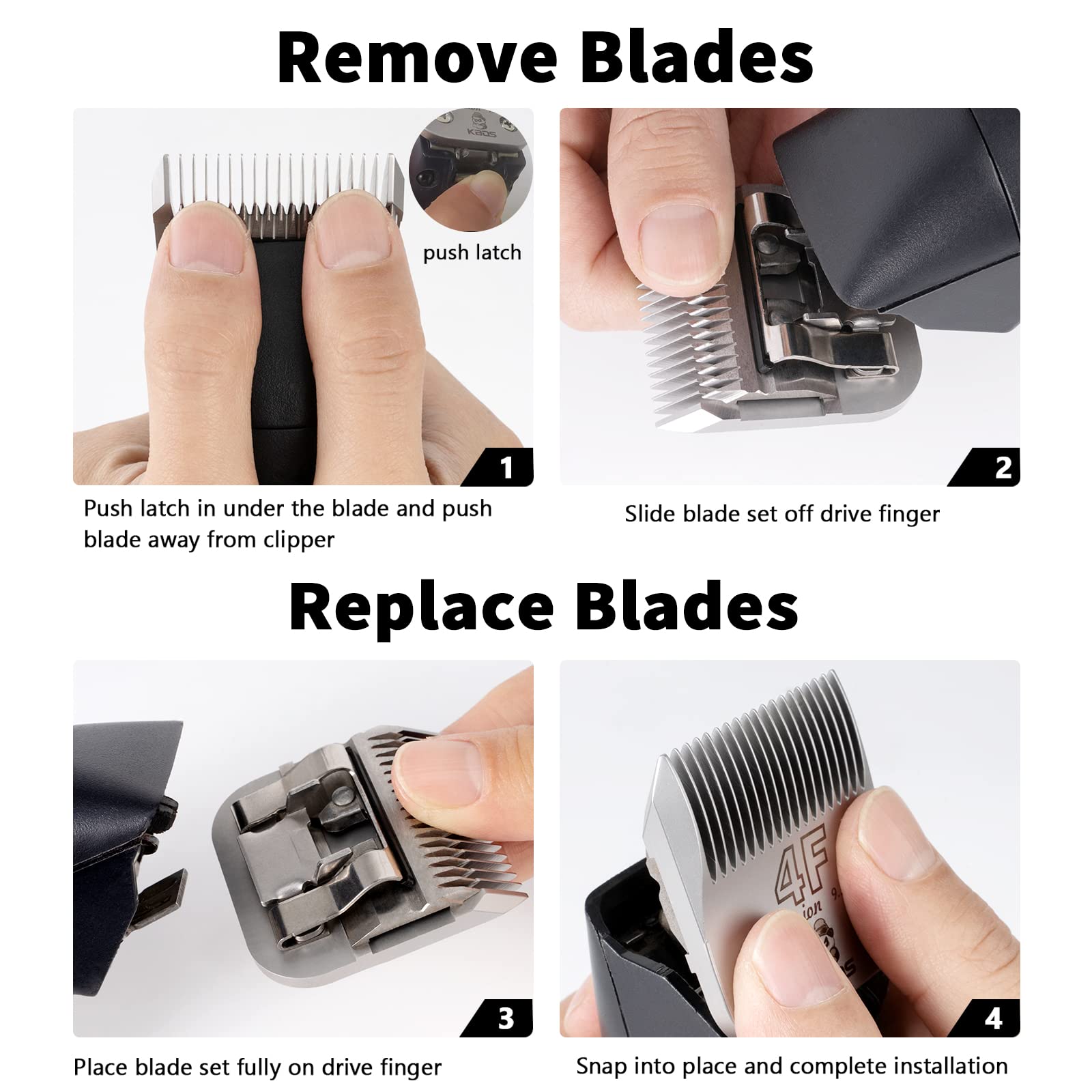 Easy blade swaps with KBDS blades on compatible clippers for efficient at-home grooming.