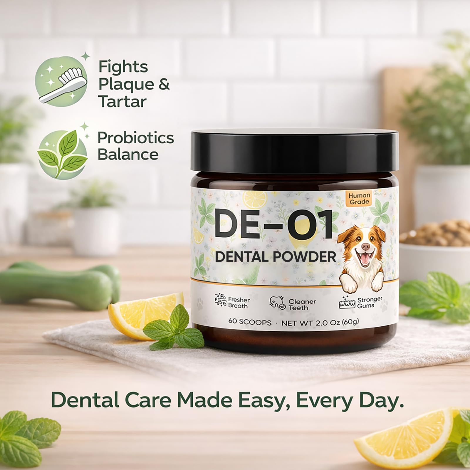 KBKTWOLT Dental Powder DE-01 sprinkled on dog food for easy daily use.