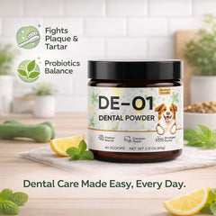KBKTWOLT Dental Powder DE-01 sprinkled on dog food for easy daily use.