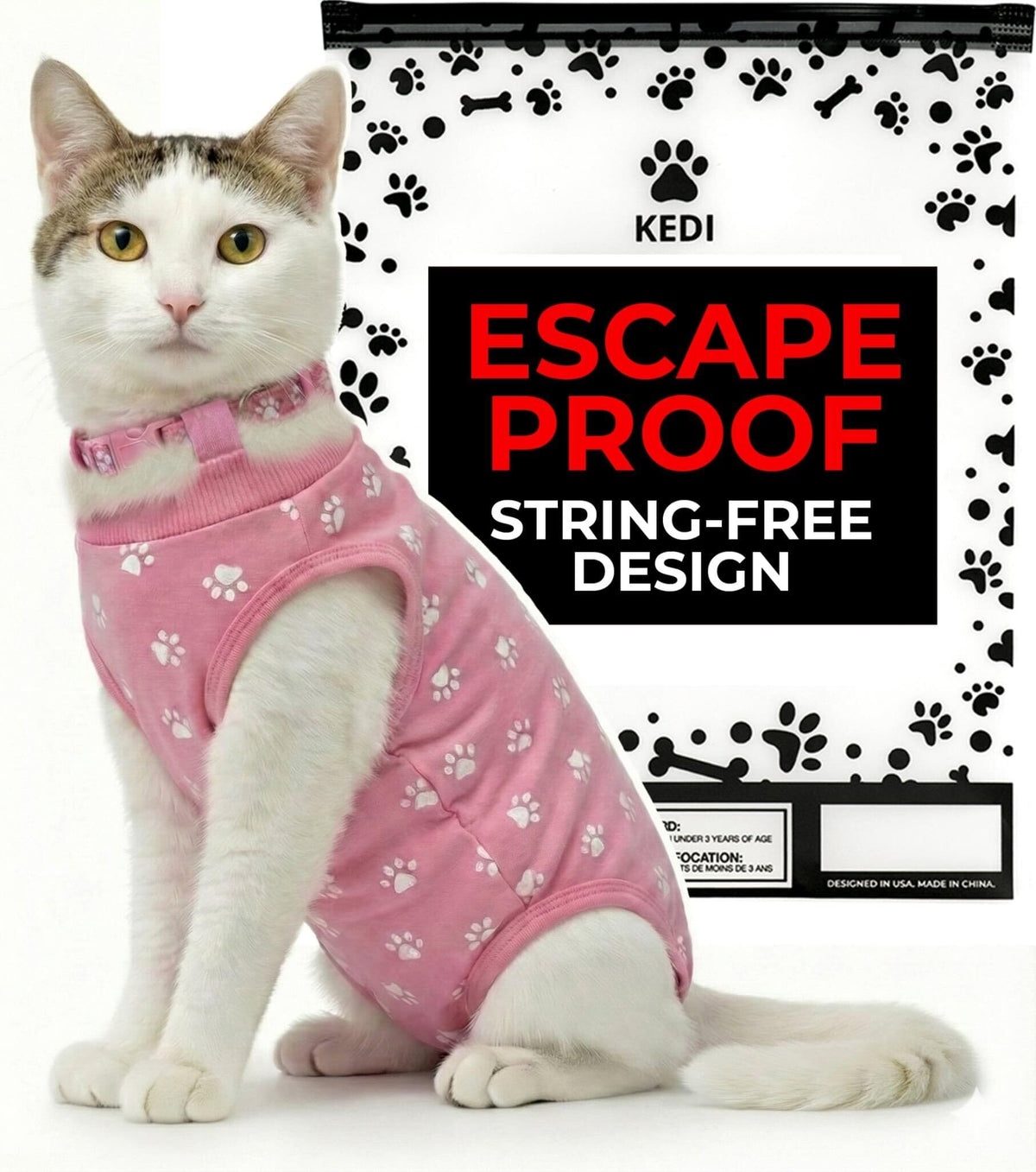 Kedi Cats Solutions recovery suit pink medium front view for post-surgery healing