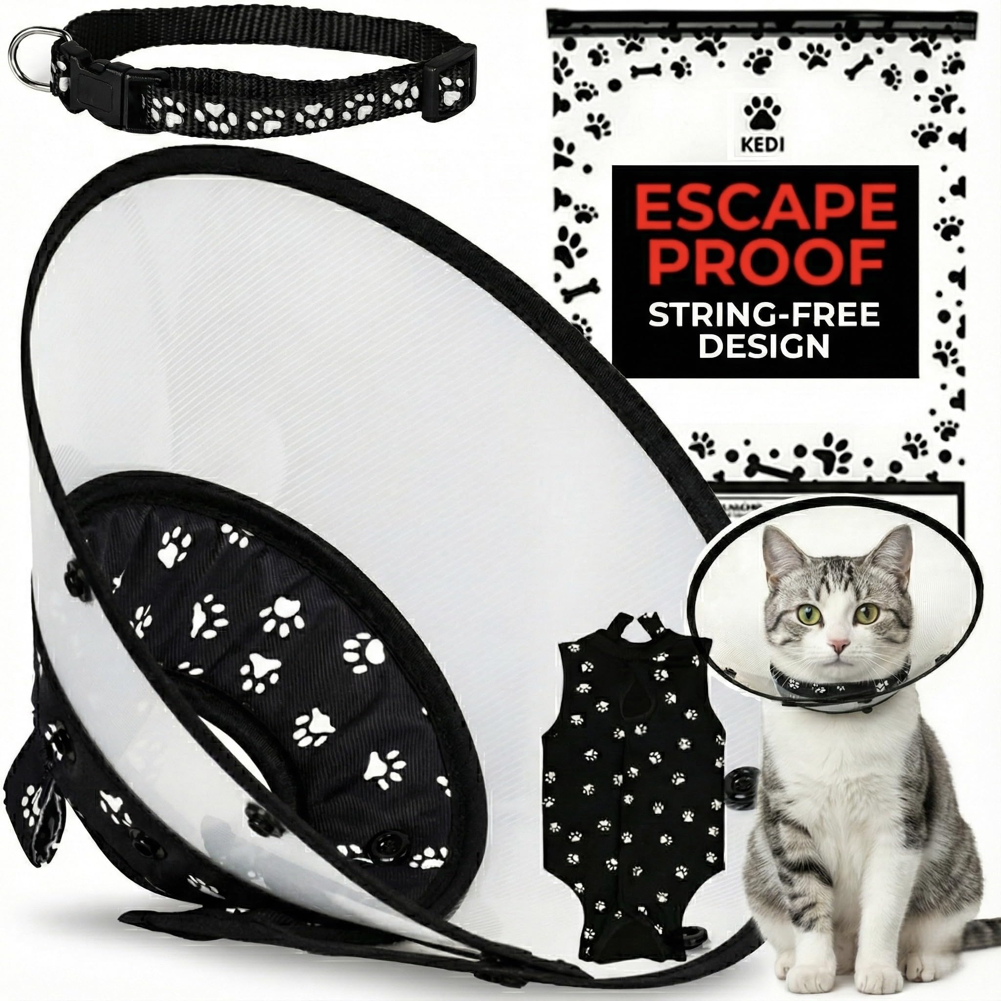 Kedi Cats Solutions recovery vest and cone on a calm cat, protecting wounds.