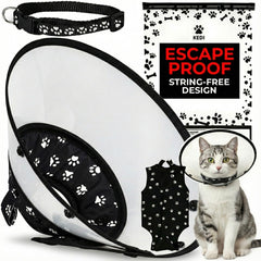 Kedi Cats Solutions recovery vest and cone on a calm cat, protecting wounds.