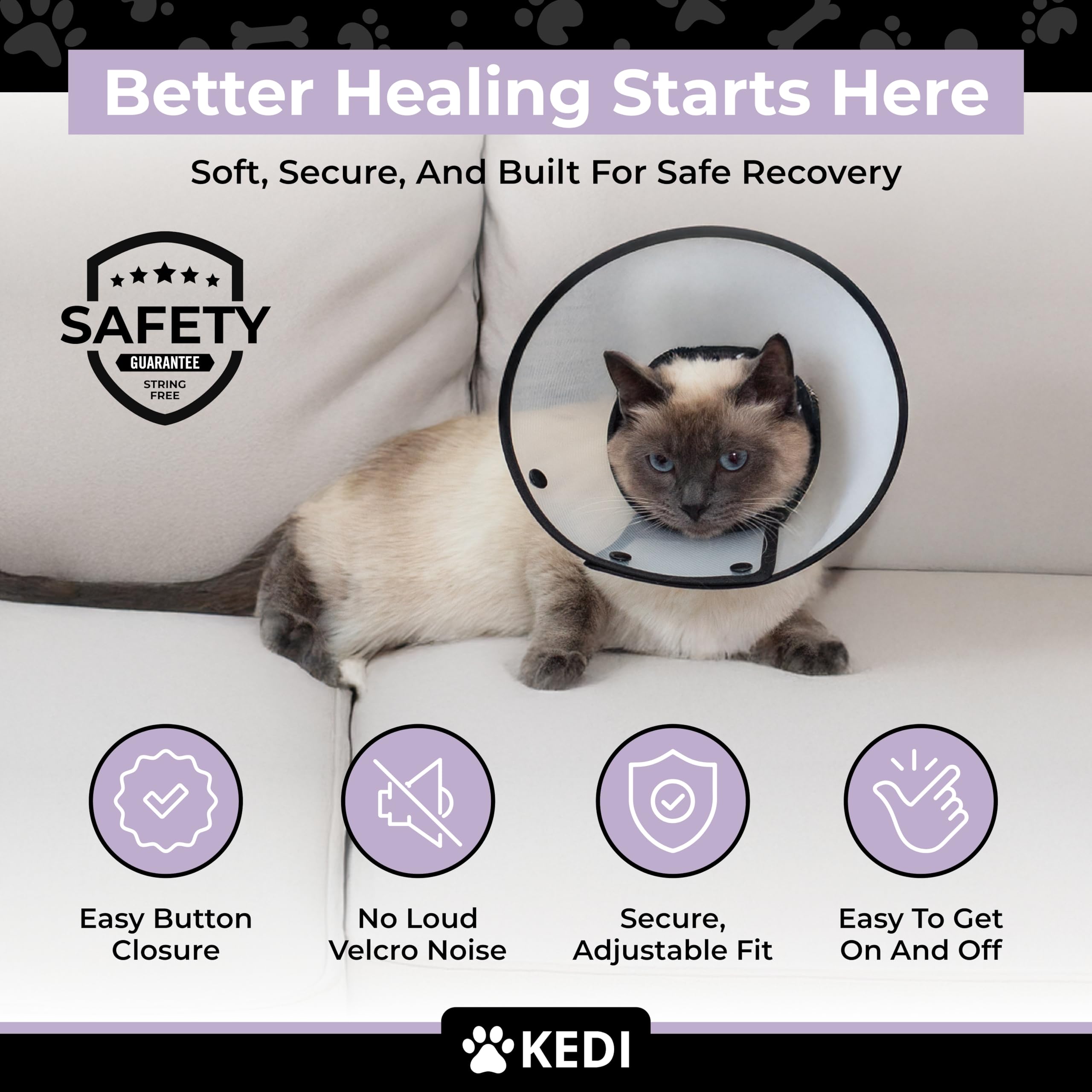 Kedi Cats Solutions cone-and-vest setup shown on recovering cat.