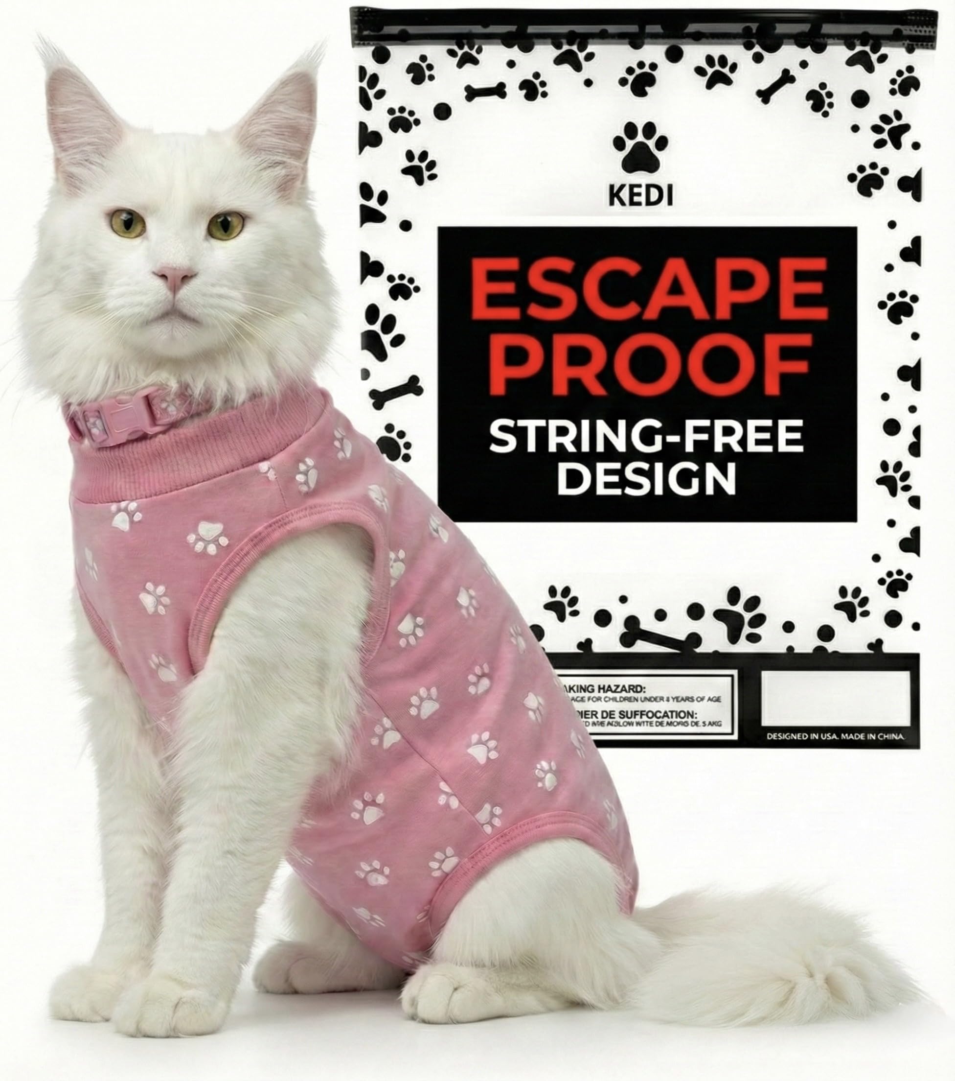 Kedi Cats Solutions pink large recovery suit on a cat, secure fit supports post-op healing.